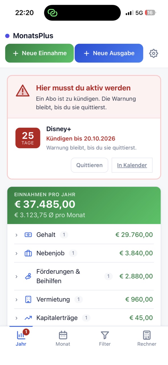 Die Übersicht mit einer roten Warnung: Disney+ ist bis 20.10.2026 zu kündigen, noch 25 Tage.