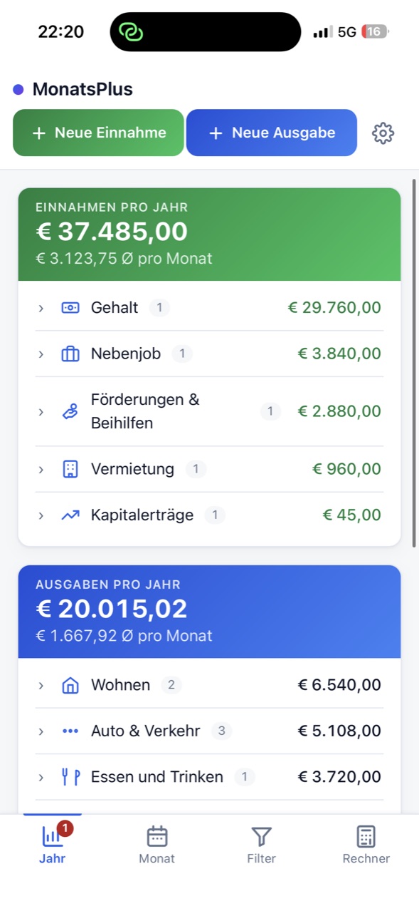 Die Jahresansicht von MonatsPlus: Einnahmen und Ausgaben pro Jahr, darunter die Kategorien mit ihren Summen.