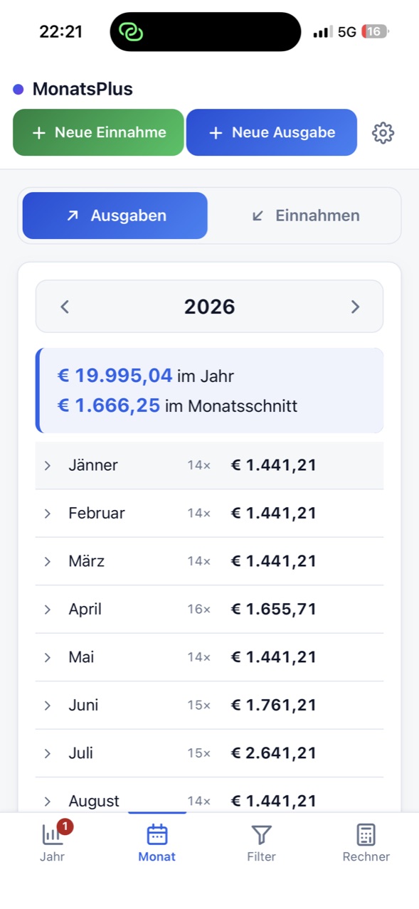 Monatsansicht für 2026 mit den Summen je Monat.