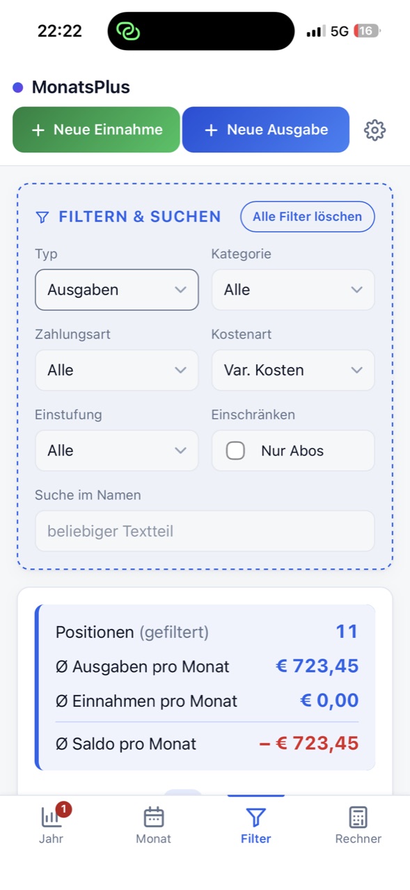 Filterseite mit Auswahlfeldern und den gefilterten Kennzahlen.