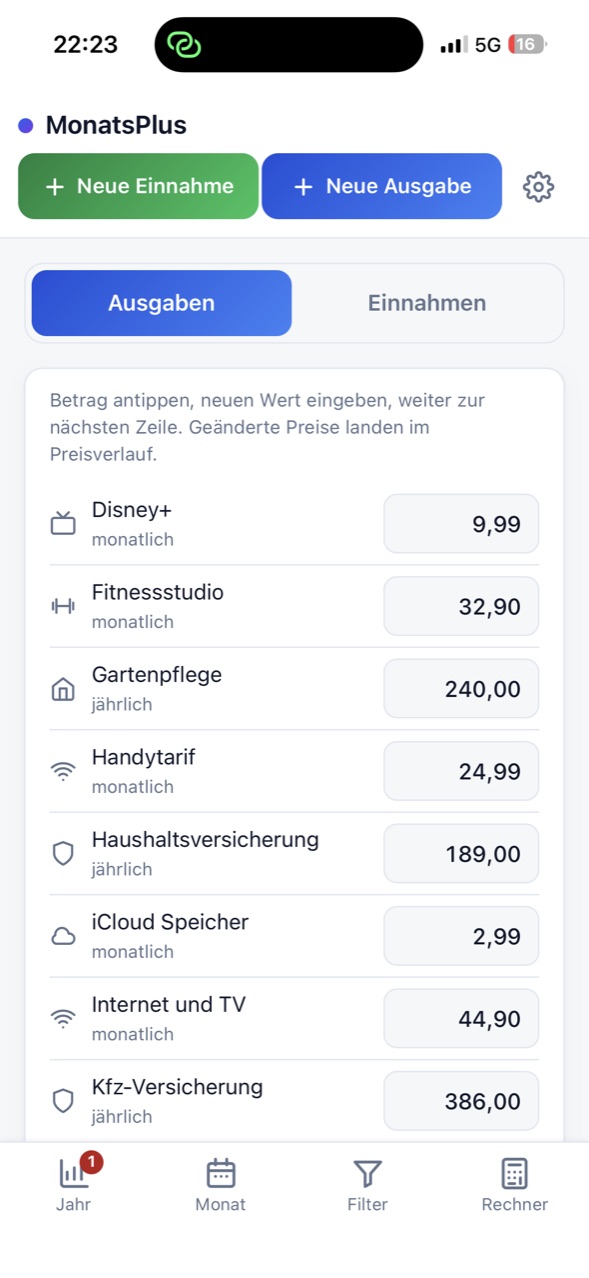 Liste aller Positionen mit Eingabefeldern für die Beträge.